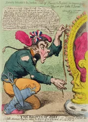 De rechten van de mens, of Tommy Paine, de kleine Amerikaanse kleermaker, neemt de maat van de kroon voor een nieuw paar revolutiebroeken, gepubliceerd door Hannah Humphrey in 1791